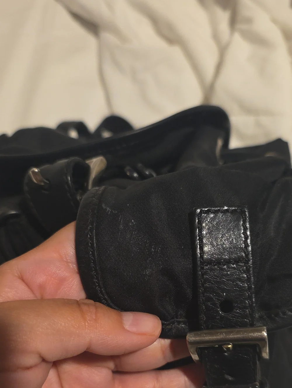 Prada Black Nylon Drawstring Backpack with Leather Trim